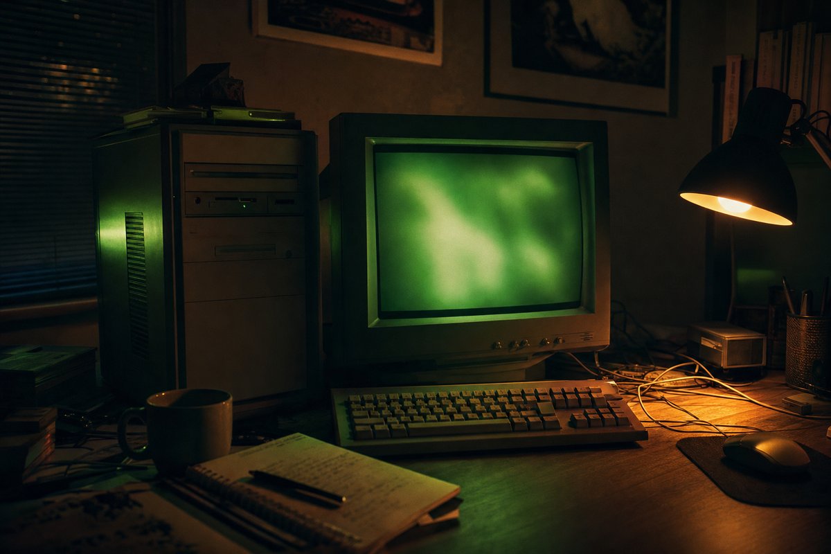 Postazione PC in penombra illuminata dal bagliore verde di un monitor CRT, atmosfera da guida tecnica anni '80