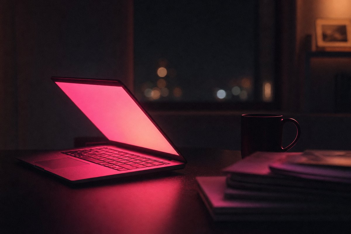Laptop aperto su una scrivania di notte con lo schermo che illumina la stanza di una luce rosa