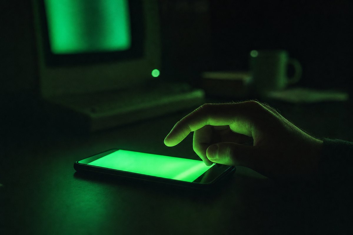 Smartphone su una scrivania al buio con lo schermo che illumina la mano di chi lo sta usando