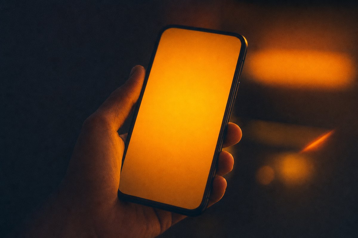 Smartphone tenuto in mano con lo schermo che illumina di luce ambra la stanza buia sullo sfondo