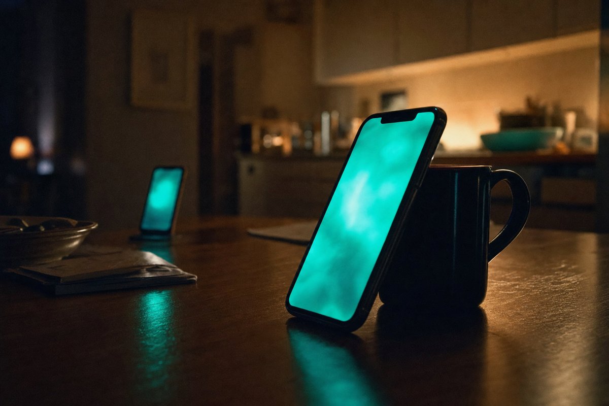 Smartphone appoggiato a una tazza su un tavolo di notte con lo schermo che illumina la scena di una luce turchese