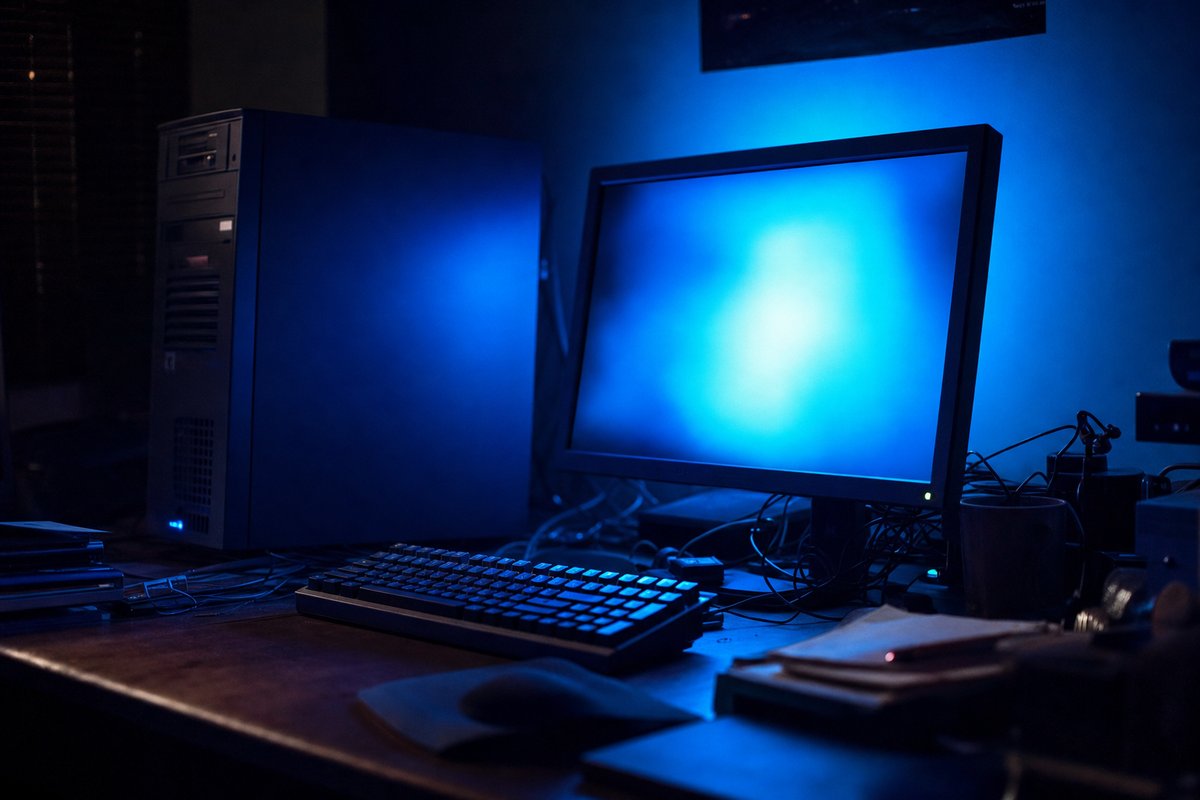 Torre desktop e monitor in un ufficio in penombra, con lo schermo che illumina la scrivania di una luce blu