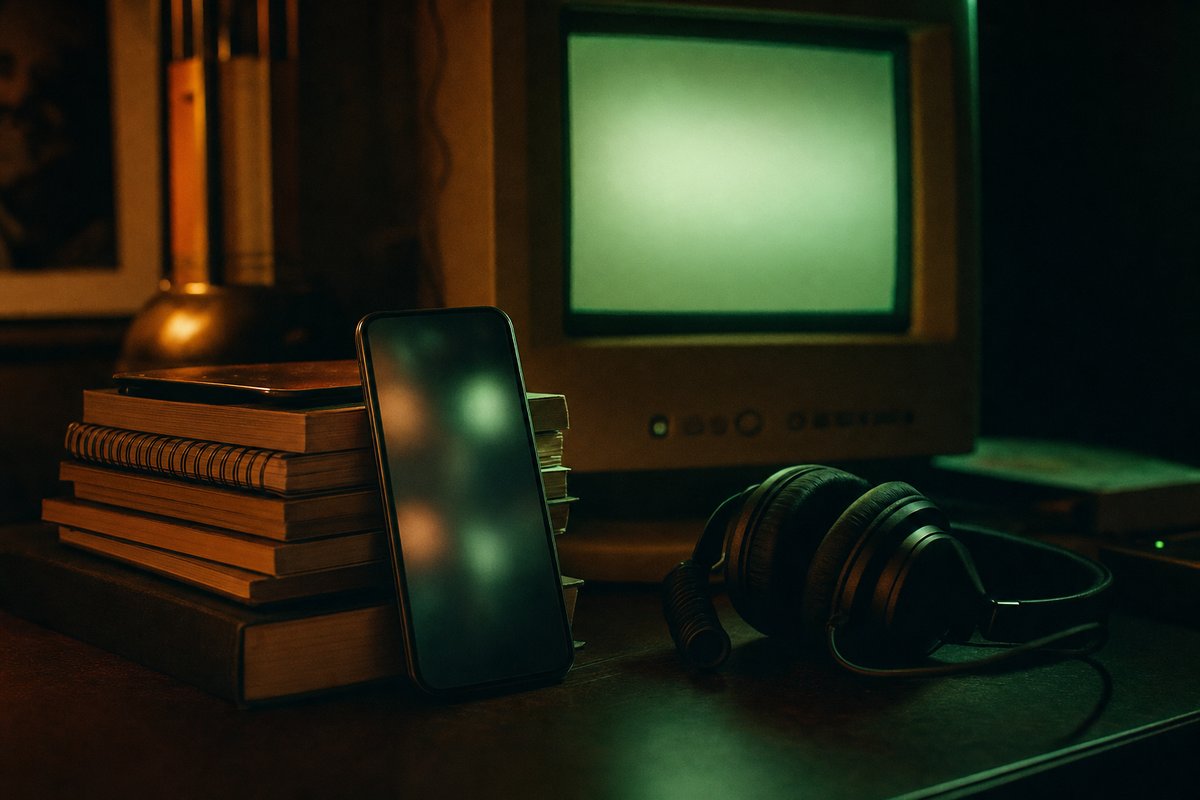 Smartphone appoggiato su una pila di libri accanto a un paio di cuffie, in una scrivania scura con luce ambra e verde