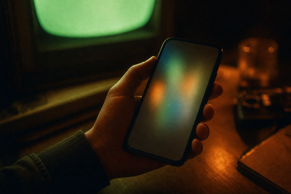 Mano che regge uno smartphone di notte con lo schermo che emette un bagliore sfocato, illustrazione fotorealistica stile terminale CRT