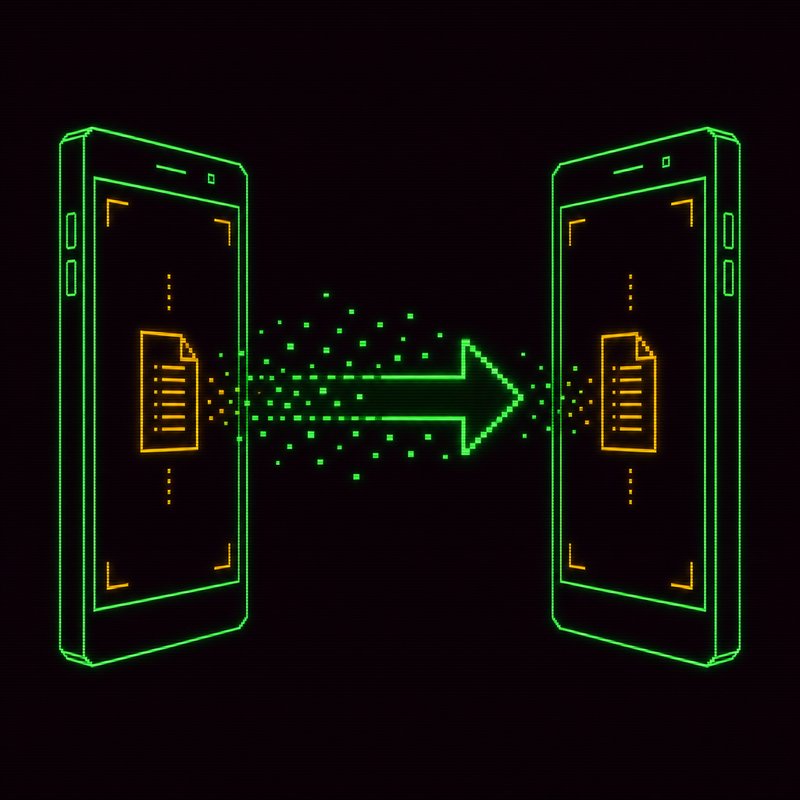Due smartphone stilizzati con una freccia di trasferimento dati, illustrazione stile terminale CRT