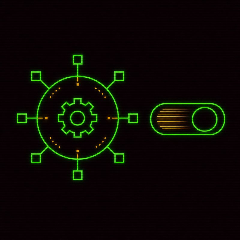 Icona di ingranaggio dentro un nodo di rete con un interruttore, illustrazione stile terminale CRT
