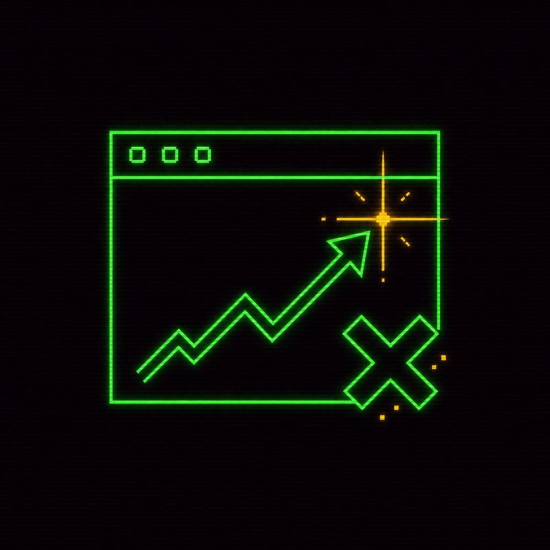 Icona di finestra browser con una freccia di tendenza barrata da una X, illustrazione stile terminale CRT