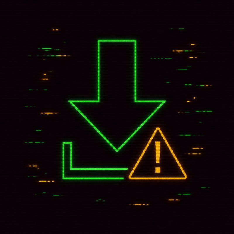 Icona di freccia di download con triangolo di avviso, illustrazione stile terminale CRT