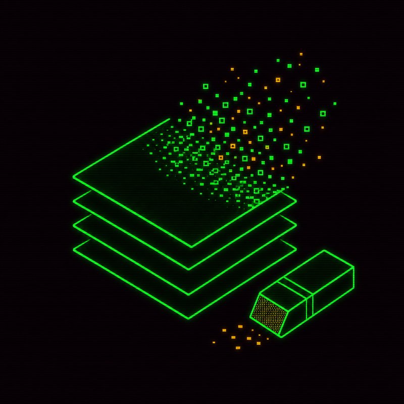 Icona di livelli sovrapposti che si dissolvono con una gomma, illustrazione stile terminale CRT