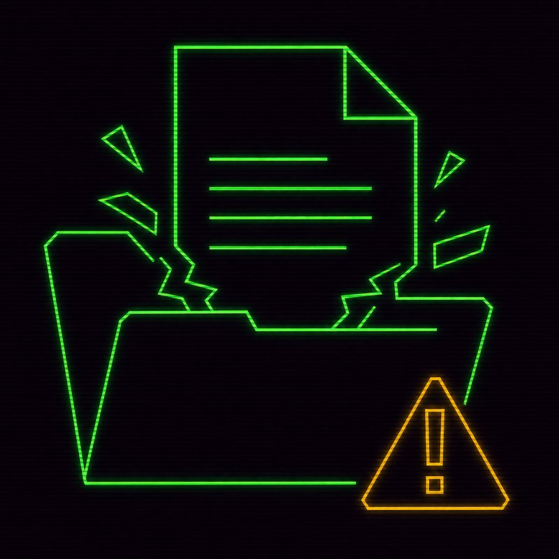 Icona di file sovradimensionato che esce da una cartella con un triangolo di avviso, illustrazione stile terminale CRT