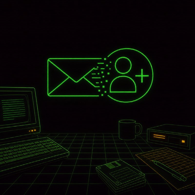 Icona busta che si trasforma in nuovo account, illustrazione stile terminale CRT