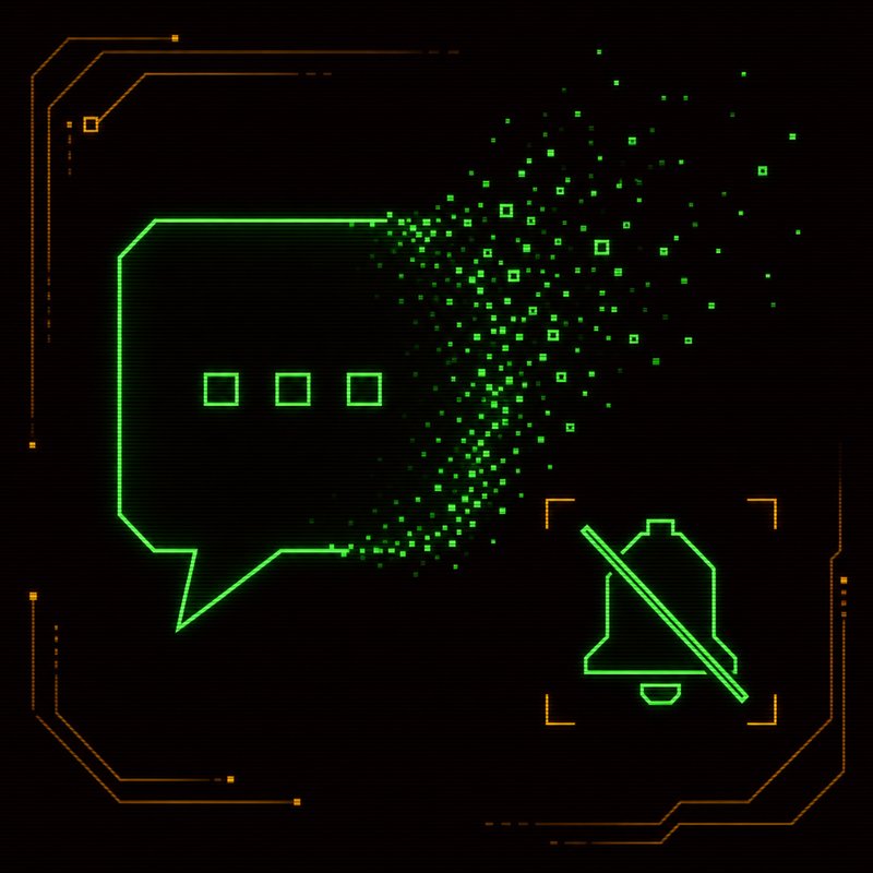 Icona di chat che si dissolve con una campanella barrata, illustrazione stile terminale CRT