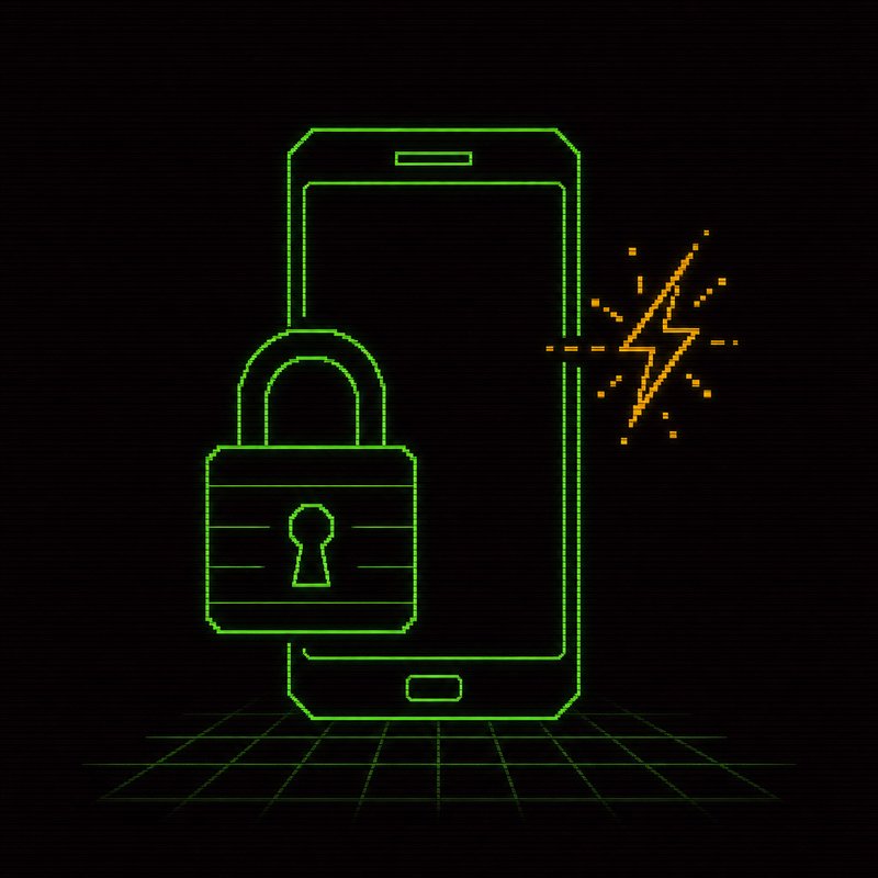 Icona di lucchetto sovrapposta a uno smartphone con una scintilla di errore, illustrazione stile terminale CRT