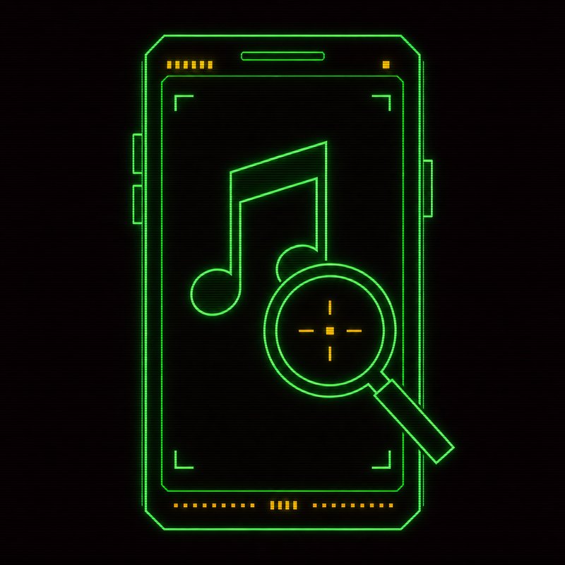 Smartphone stilizzato con icona nota musicale e lente di ricerca, illustrazione stile terminale CRT