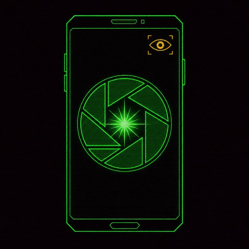 Smartphone stilizzato con icona di scatto fotografico e notifica, illustrazione stile terminale CRT