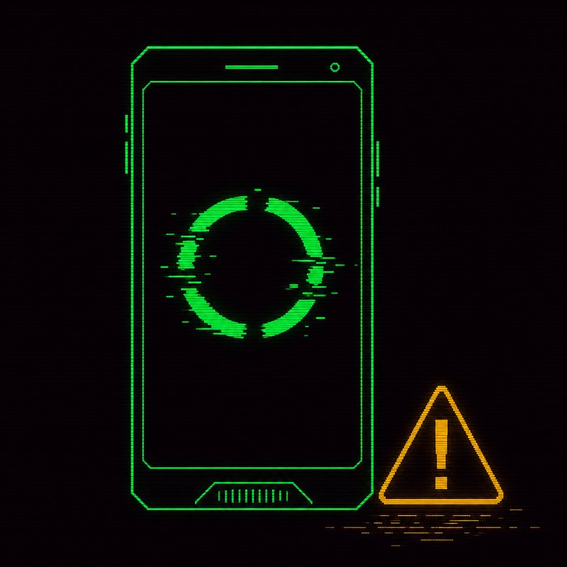 Smartphone stilizzato con un'icona di anello spezzato, illustrazione stile terminale CRT