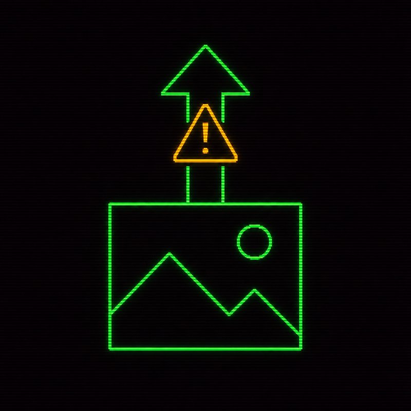 Icona di foto con freccia verso l'alto bloccata da un triangolo di avviso, illustrazione stile terminale CRT
