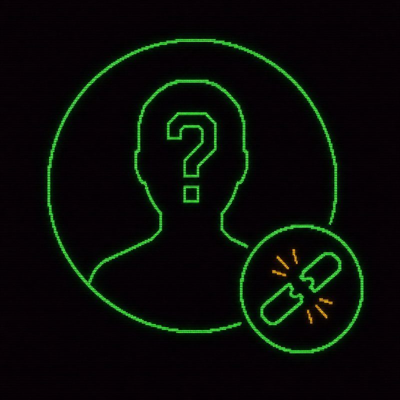 Icona di profilo con punto interrogativo e link spezzato, illustrazione stile terminale CRT