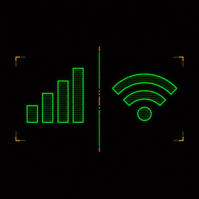 Icona di barre di segnale cellulare accanto a un'icona Wi-Fi, illustrazione stile terminale CRT