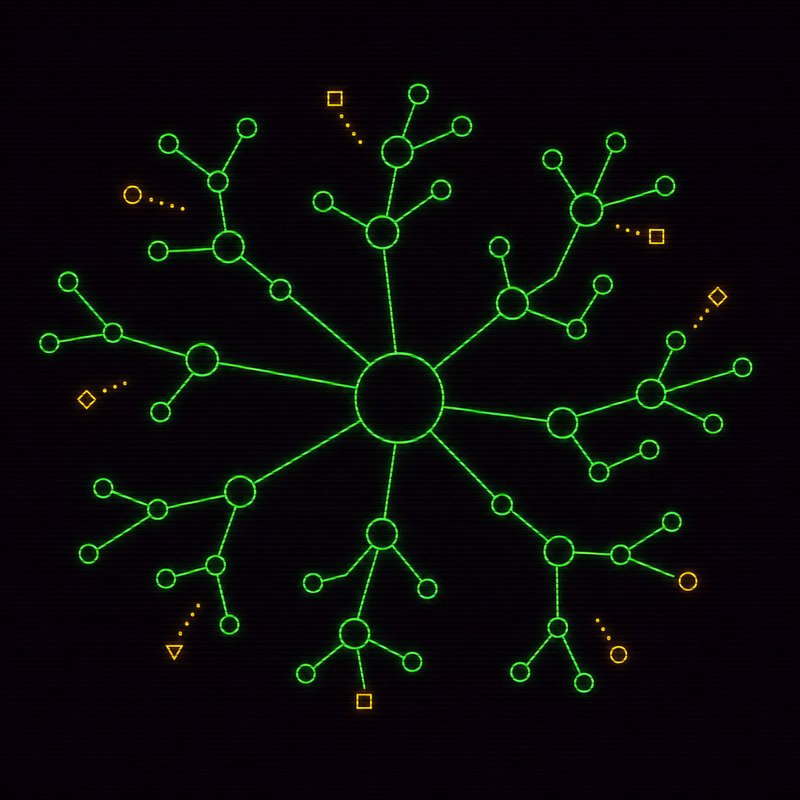 Diagramma a nodi e linee stile mappa concettuale, illustrazione stile terminale CRT