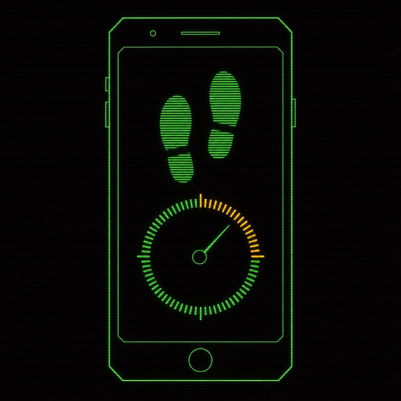 Silhouette di smartphone con icona di impronta e quadrante contapassi, illustrazione stile terminale CRT