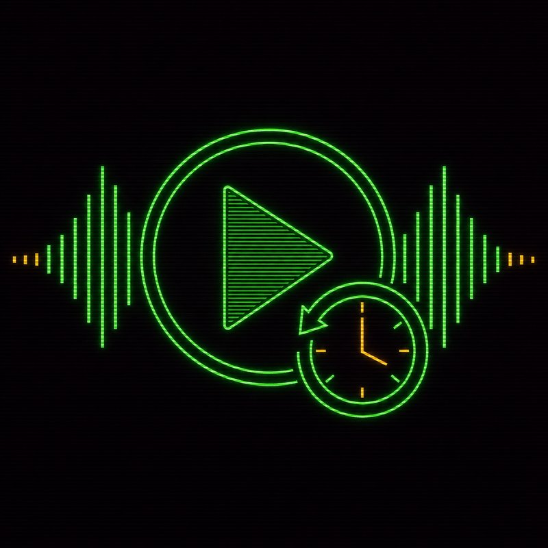 Icona di play circolare sovrapposta a un'icona di orologio, illustrazione stile terminale CRT