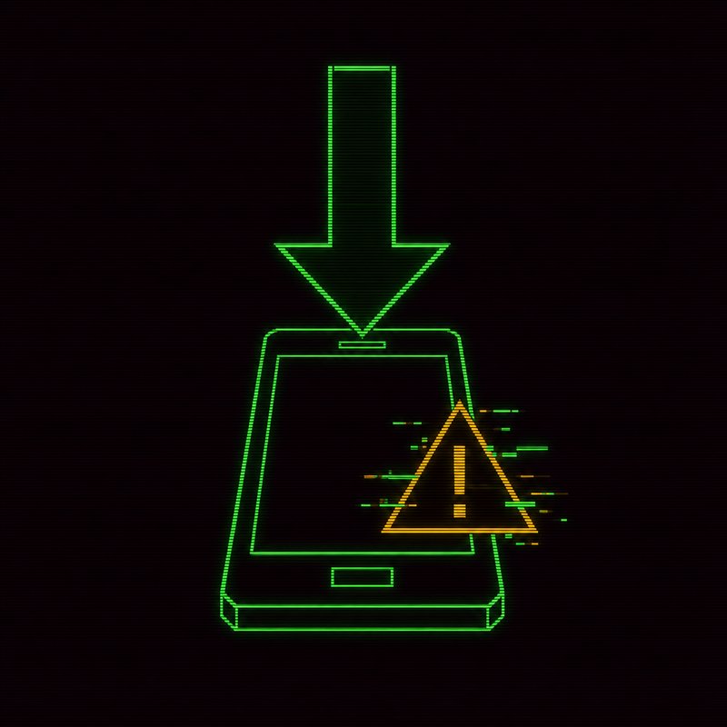 Freccia di download verso uno smartphone bloccata da un triangolo di avviso, illustrazione stile terminale CRT