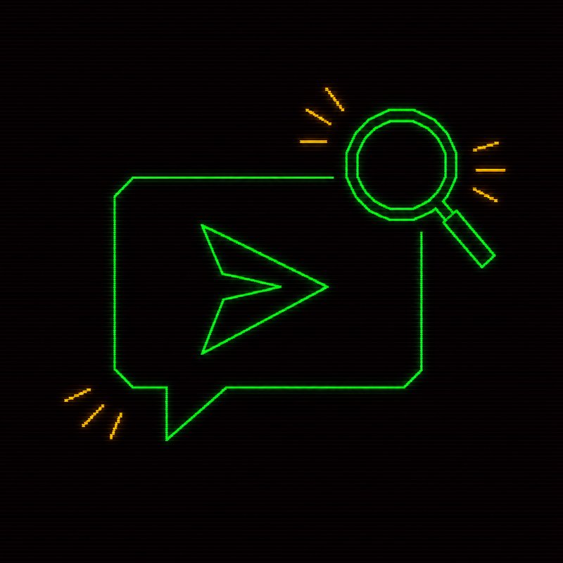 Icona di chat con freccia di reindirizzamento e lente d'ingrandimento, illustrazione stile terminale CRT