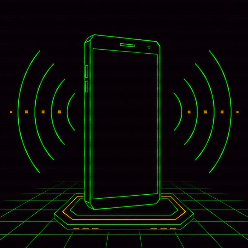 Silhouette di smartphone spento con onde sonore di squillo, illustrazione stile terminale CRT