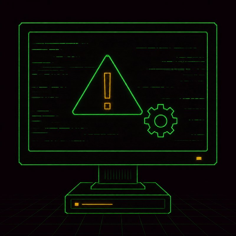 Icona di monitor con triangolo di avviso e ingranaggio, illustrazione stile terminale CRT