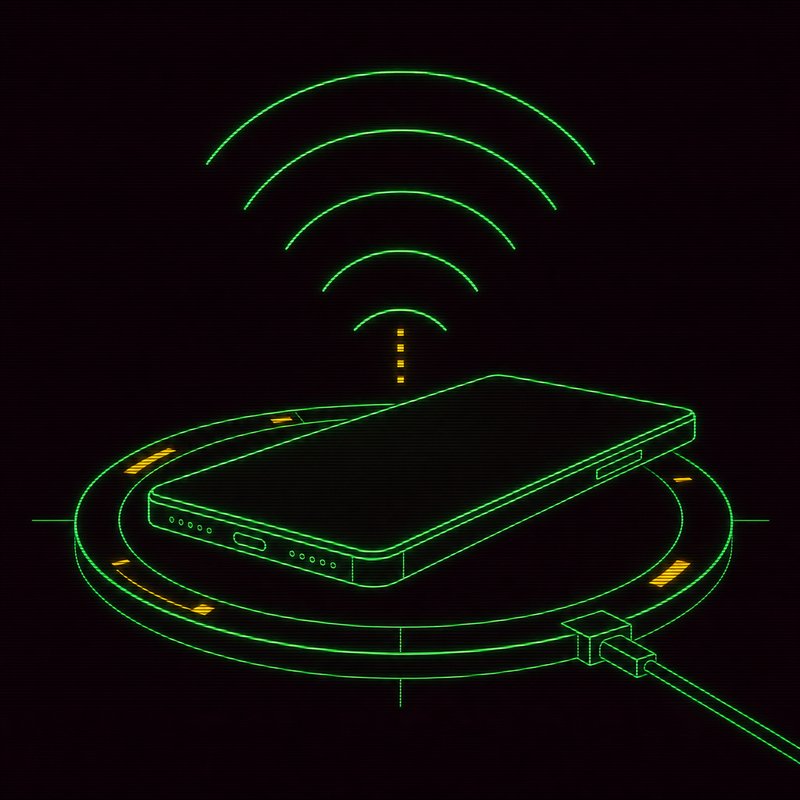 Smartphone su una base di ricarica wireless con onde di segnale, illustrazione stile terminale CRT