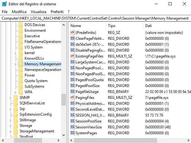 Registro di sistema memory management