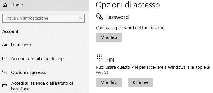Windows 10 opzioni di accesso