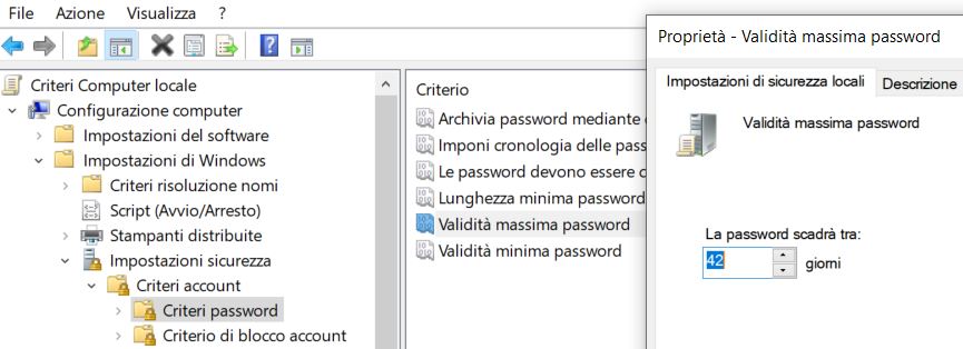 Windows 10 validita massima password