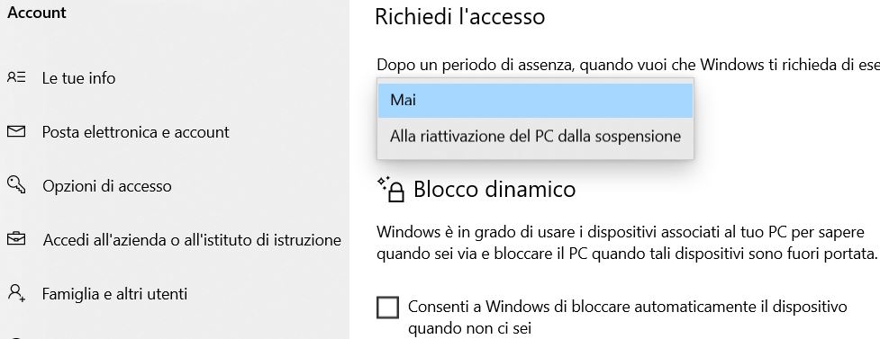 Rimuovere la password alla riattivazione di windows 10 dalle importazioni Rimuovere la password alla riattivazione di windows 10 dalle importazioni