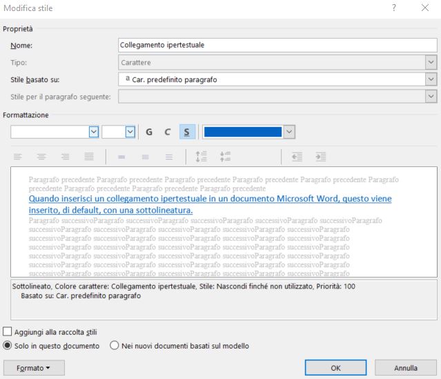 Word modifica stille collegamento ipertestuale