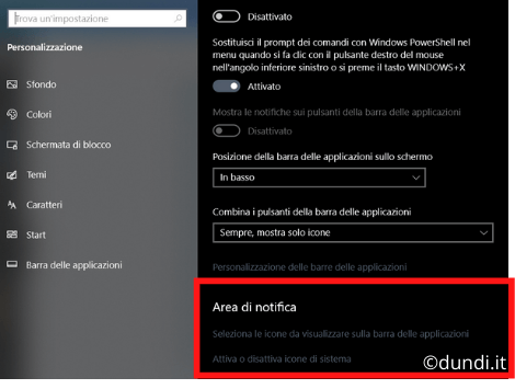Attiva o disattiva icone di sistema
