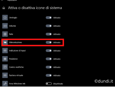 Clicca attiva in corrispondenza icona batteria