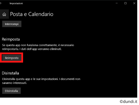 Reimposta opzioni di posta e calendario per risolvere errore