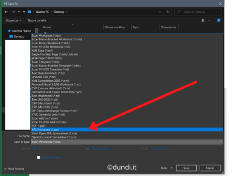 Imposta il formato xps