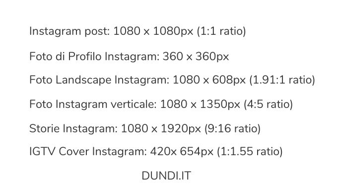 Dimensioni consigliati post instagram